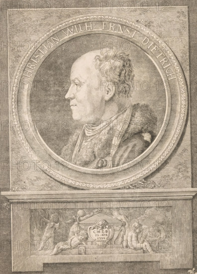 Portrait of Christian Wilhelm Ernst Dietrich, print, Under the portrait putti around a tomb with