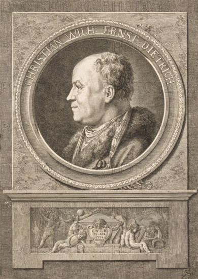 Portrait of Christian Wilhelm Ernst Dietrich, print, Under the portrait putti around a tomb with