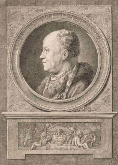 Portrait of Christian Wilhelm Ernst Dietrich, print, Under the portrait putti around a tomb with