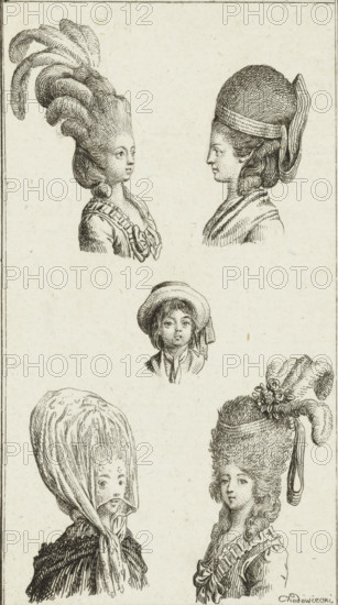 Five ladies' hairstyles, print, fashion print, Bauer 499, Engelmann 254a proof, printmaker: Daniel