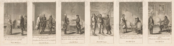 Six illustrations from the series of anecdotes by Frederick II, print, The prints are numbered at