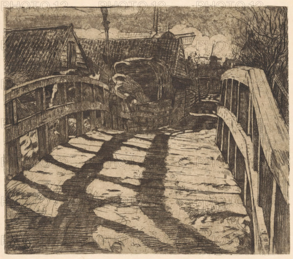 Bridge in the Baarsjes in Amsterdam, print, A wooden bridge whose railing casts a shadow on the