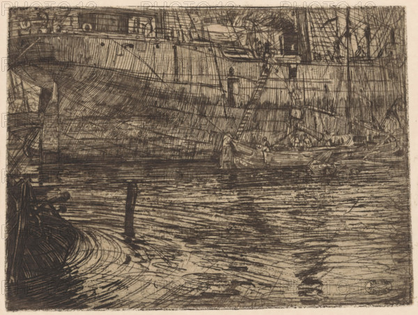 Steamboat in the Westerdok in Amsterdam, print, The stern of a cargo boat. A tjalk is moored