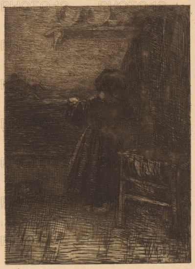 Girl at the kitchen counter, print, A girl stands at a kitchen counter. Next to her is a rack,