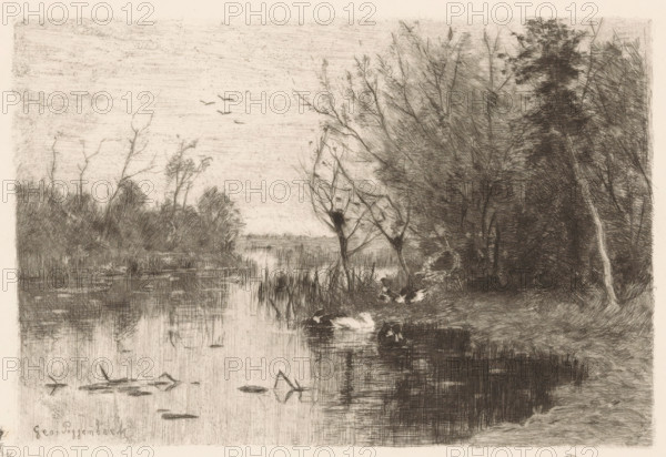 Eendenplas (original title), Ducks along and on the bank of a pond, print, printmaker: Geo