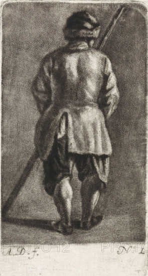 Man with a stick, seen from the back, print, printmaker: Abraham Delfos, Leiden, 1741 - 1820,