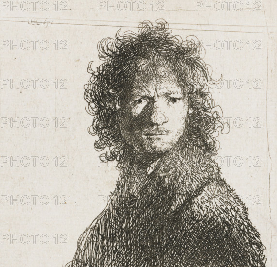 Self-portrait, frowning: bust, print, monogram and date: 'RHL 1630', printmaker: Rembrandt van