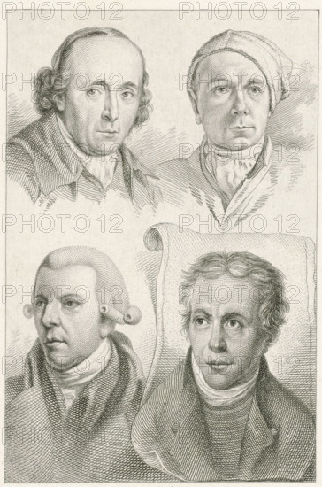 Portraits of Gerard van Nijmegen, Jacob Cats, Reinier Vinkeles and Dirk Langendijk, print,