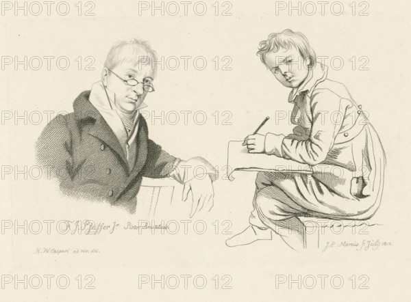 Drawing boy and the portrait of François Joseph Pfeiffer, Study print, Etudes gravées, print, Bust