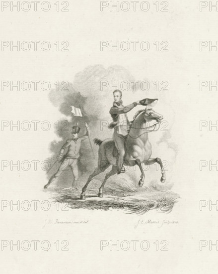 Prince of Orange on horseback, 1815, print, Willem Frederik George, Prince of Orange, on horseback,