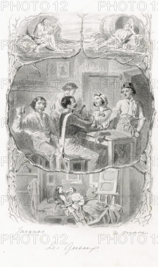 Les Gueux, Company around a table, print, A company (Geuzen) around a table: two men shaking hands,
