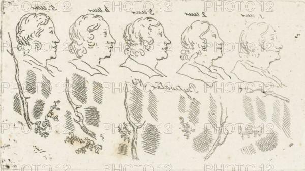 Study sheet with heads, branches and hatching, print, inscription: '5 o'clock, 4 o'clock, 3