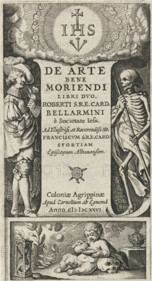 Title page for: Bellarmino, De Arte Bene Moriendi, 1626, Young Man and Death, print, title page, An