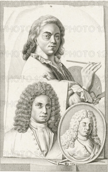 Portraits of NN Roukens, Hendrik Soukens and Frans van Eynden, print, In the background the