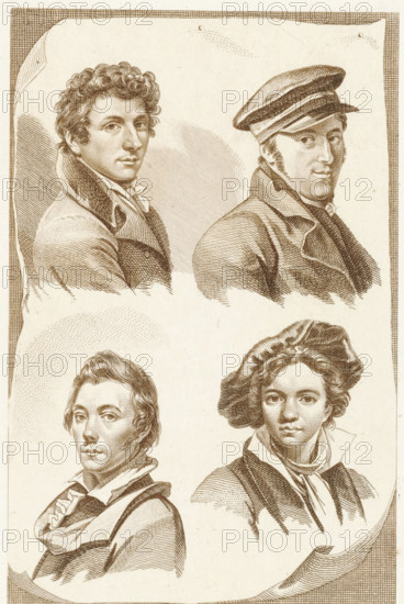 Four portraits of artists, print, Four portraits of artists., printmaker: Pieter van der Meulen,