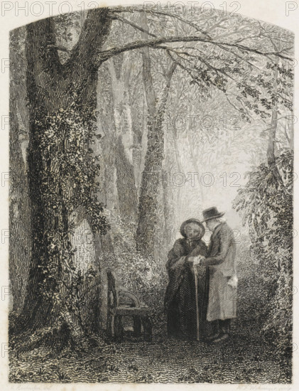 Elderly couple in a forest, print, An elderly couple stands in a forest with a stick. The capital