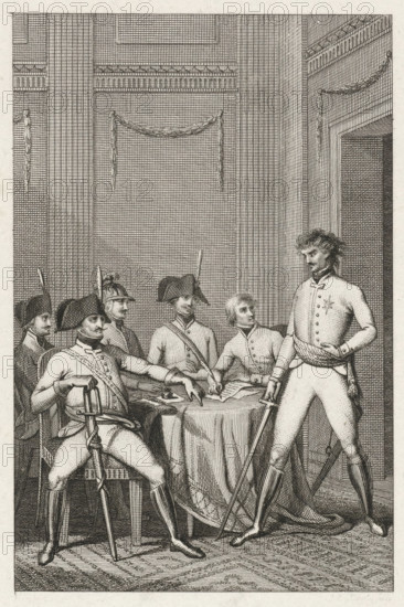 Officers in an interior, print, Five officers in an interior, seated around a table. A sixth