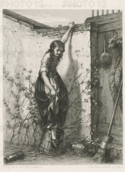 Young woman with a letter, print, A young woman stands on a barrel by a wall. She hands a letter to