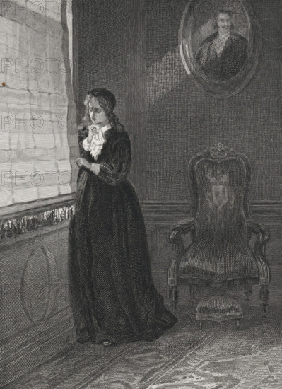 Crying woman looks through a gap in the curtain, print, book illustration, A crying woman, with a
