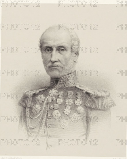 Portrait of Charles Nepveu, print, The sitter wears a military uniform with epaulets with three