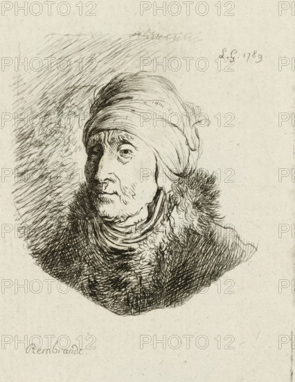 Bust of an old woman with a turban, print, printmaker: Sauveur Legros, after design by Rembrandt