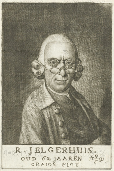 Self-portrait of Rienk Jelgerhuis, print, wearing double glasses. In the margin the name and age of