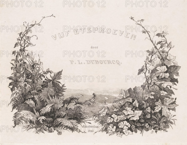 Artist at work in nature, print, Cover image for folder with five etching proofs. In a landscape,