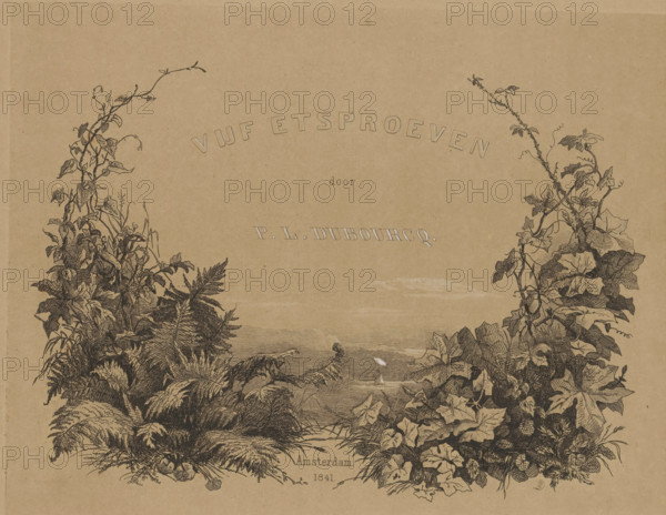 Five etching proofs, Artist at work in nature, wrapper, print, Cover for folder with five etching