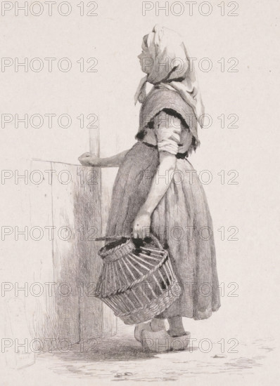 Standing girl with poultry basket, Five etching proofs, print, printmaker: Pierre Louis Dubourcq,