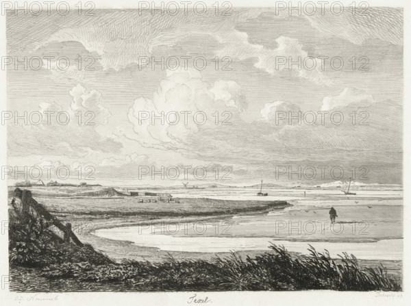 Texel, Six etching proofs, print, View of a bay on the coast of Texel with a mudflat walker. Across