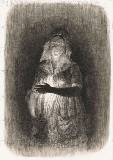 Maid with burning candle, Five etching proofs, print, printmaker: Pierre Louis Dubourcq,