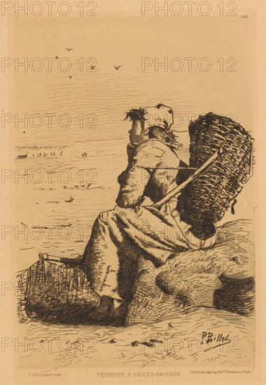 Pécheuse à Veules-en-Caux, Resting fisherwoman on the coast, print, Top left numbered 509.,