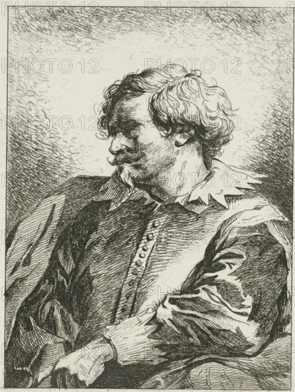 Portrait of a man, print, Portrait of a man in a collared suit. At the bottom in the margin the