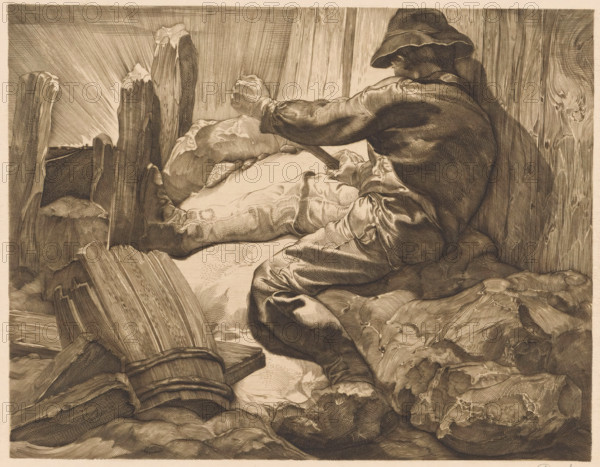 Prying worker, print, A man in work clothes with a hat pries with a rod between wooden planks that