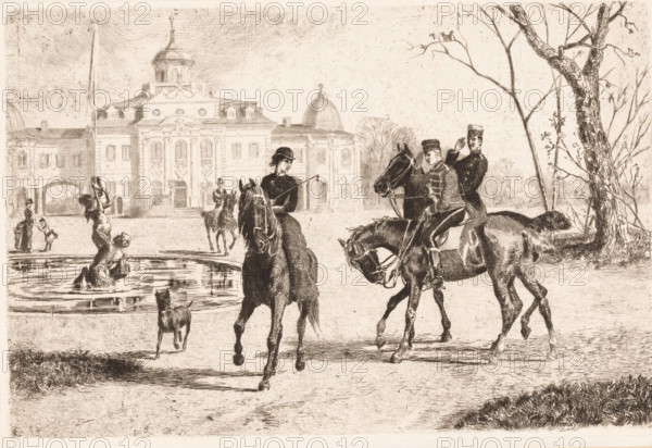 Riders in front of the Belvedere in Weimar, print, inscription: 'From: 'Radierung', Weimar 1886',