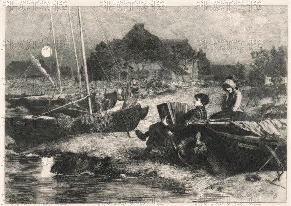 Riverbank with boats and a boy playing an accordion, print, inscription: 'From: 'Radierung', Weimar