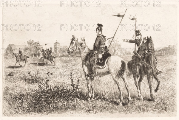 Five uhlans in Eggersdorf, Eggersdorf, print, inscription: 'From: 'Radierung', Weimar 1886',