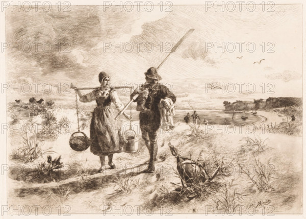 Landscape with a fisherman and a farmer's wife, print, inscription: 'From: 'Radierung', Weimar