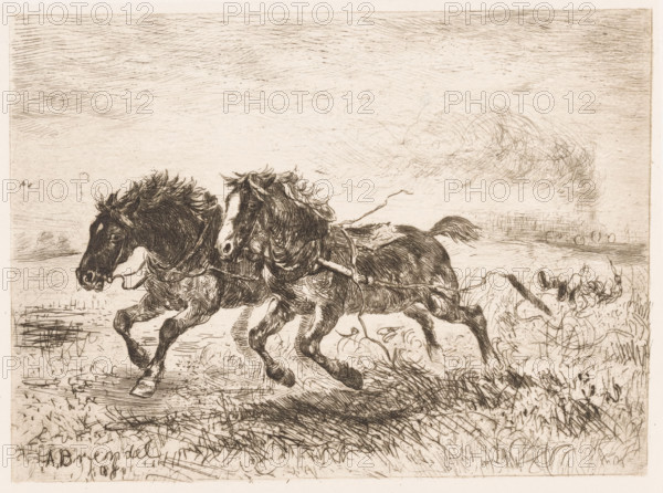 Runaway team of horses, print, The horses may have been startled by a steam train that appears to