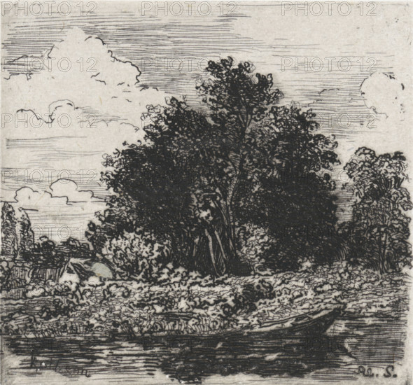 Rothem, Group of trees, Près de la Meuse, 11 eaux-fortes, print, printmaker: Alexander Schaepkens,