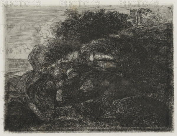 Rock formation, print, printmaker: Alexander Schaepkens, 1830 - 1899, paper, chine collé, etching,