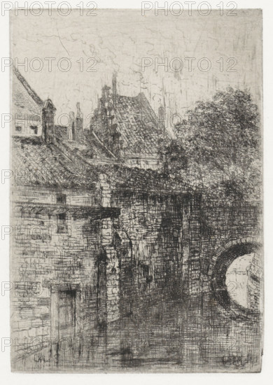 Gaer, Houses by a bridge over the Jeker, Maastricht, print, printmaker: Alexander Schaepkens, 1830
