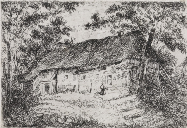 Long farmhouse, print, printmaker: Arnoud Schaepkens, 1831 - 1904, paper, chine collé, etching,