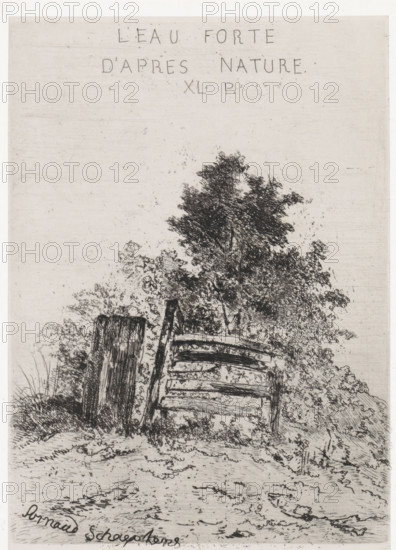 Nature-based water XL P., Fence in front of a vegetated hillock, print, printmaker: Arnoud
