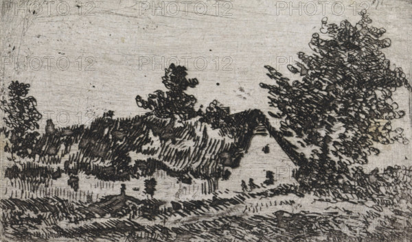 Thatched house in a landscape, print, printmaker: Arnoud Schaepkens, 1855 - 1904, paper, chine