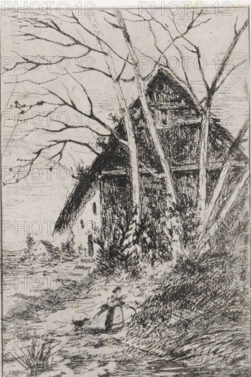 Hut under bare trees, print, printmaker: Arnoud Schaepkens, 1855 - 1904, paper, chine collé,