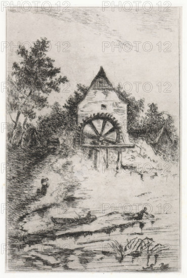 View of a watermill, print, printmaker: Arnoud Schaepkens, 1855 - 1904, paper, chine collé,