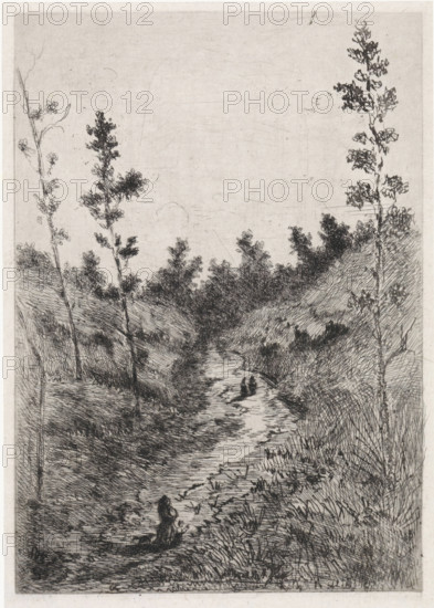 Walkers on a path between two hills, print, printmaker: Arnoud Schaepkens, 1855 - 1904, paper,