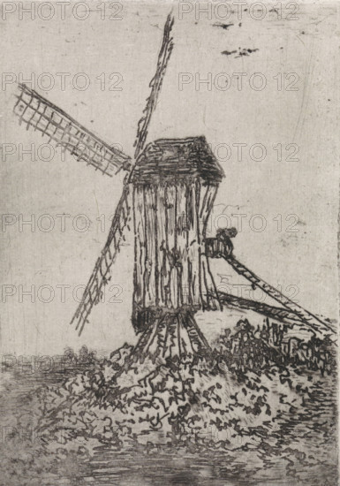 Wooden windmill in a landscape, print, printmaker: Arnoud Schaepkens, 1855 - 1904, paper, chine