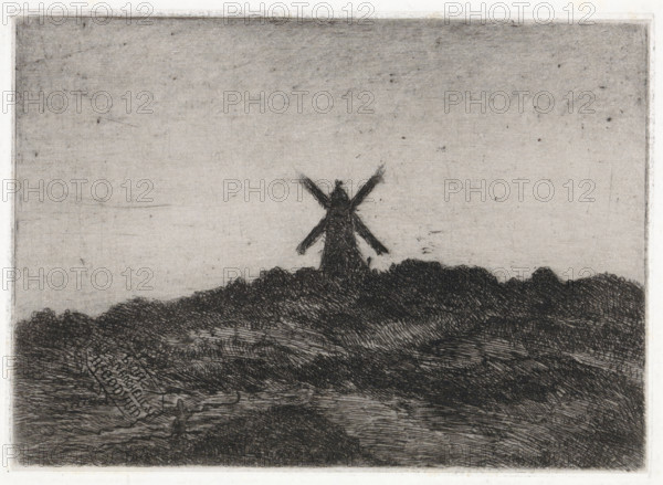 Mill in a dune landscape, print, stamp: 'H.Godard, Rue de la Huchette 27, Paris (in mirror image)',